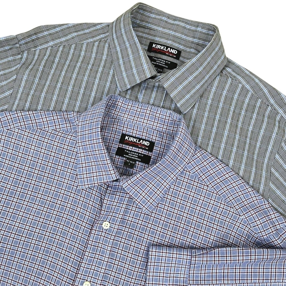 Kirkland Signature Shirts Lot of 2 16.5 34/35 Plaid Tailored Fit Non-Iron Cotton